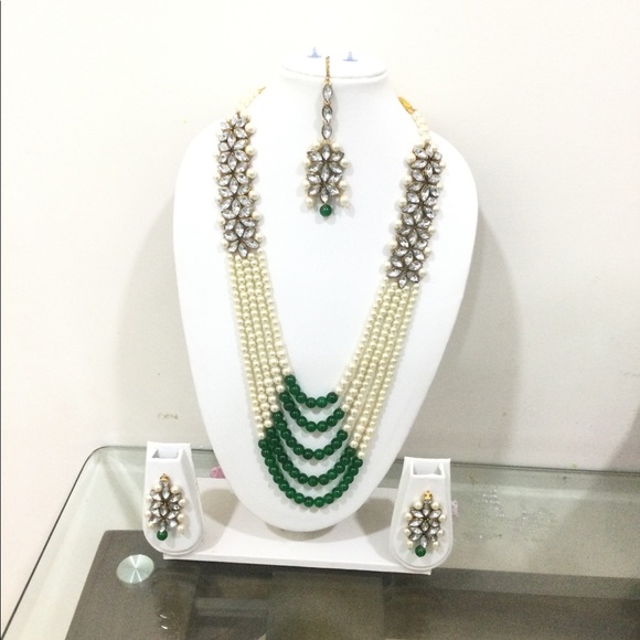 Green & white pearl pakistani bridal necklace set queen’s necklace - Picture 7 of 10